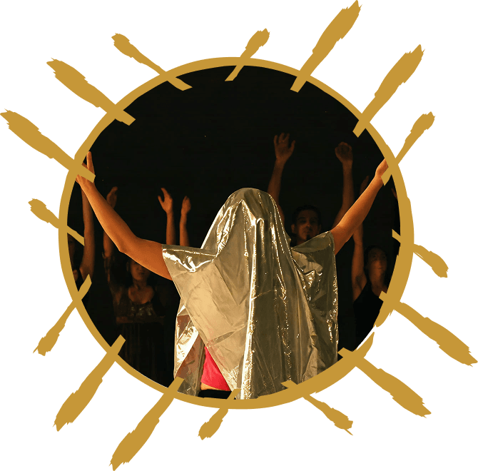Performer in silver cape at 5Rhythms Ritual Theater
